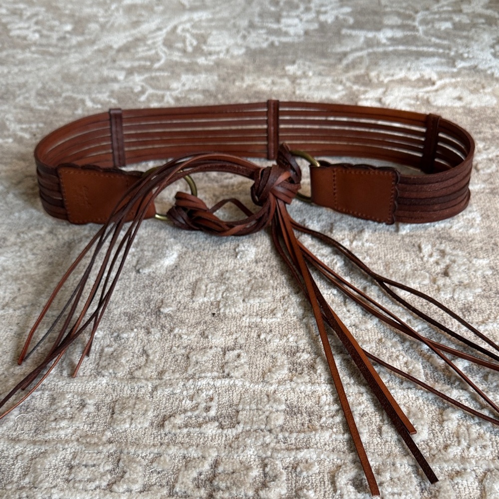Brown Leather Boho Fringe Tie Women's Belt